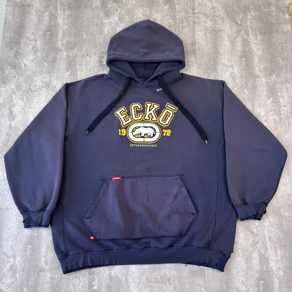 Vintage Ecko Unltd Hoodie Mens 2XL Blue Distressed Faded Rhino Y2K MMA UFC